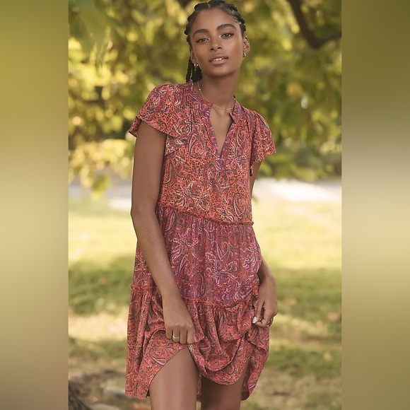 Anthropologie Dresses & Skirts - By Anthropologie Ruffle Sleeve Dress Orange Motif Red Paisley